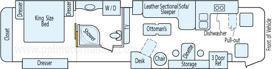 43' 2013 Winnebago Tour 450hp Cummins w/4 Slides Floorplan