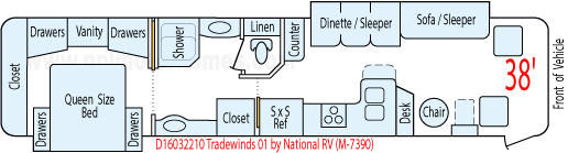 38' 2001 National Tradewinds Ltc 350hp Caterpillar w/2 Slides Floorplan