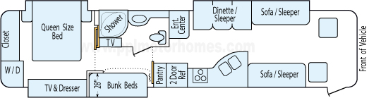 39' 2009 Mandalay Presidio 360hp Cummins w/3 Slides - Bunk House Floorplan