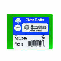HILLMAN 1/2 in. Dia. x 2-1/2 in. L Zinc Plated Steel Hex Bolt 50 box