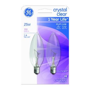 GE Lighting 25 watts B10 Incandescent Light Bulb 155 lumens White (Clear) Blunt Tip 2 pk