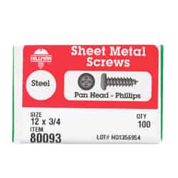 HILLMAN 12 x 3/4 in. L Phillips Pan Head Zinc-Plated Sheet Metal Screws 100 per box Steel