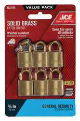 Ace 3/4 in. H x 7/16 in. L x 3/4 in. W Brass Double Locking Padlock 6 pk Keyed Alike