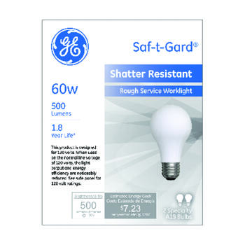 GE Lighting Saf-T-Gard 60 watts A19 Incandescent Light Bulb 500 lumens Soft White 2 pk A-Line