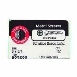 HILLMAN 3/4 in. L x 6 Phillips Oval Head 100 per box Sheet Metal Screws Stainless Steel