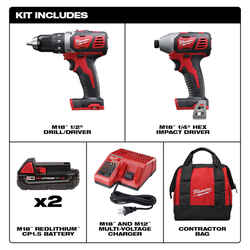 Milwaukee M18 18 V Cordless Brushed 2 Drill/Driver and Impact Driver Kit
