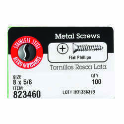 Hillman No. 8 x 5/8 in. L Phillips Flat Head Stainless Steel Sheet Metal Screws 100 1 pk