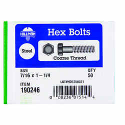 HILLMAN 7/16 in. Dia. x 1-1/4 in. L Zinc Plated Steel Hex Bolt 50 box