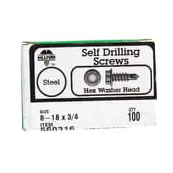 Hillman No. 8-18 x 3/4 in. L Hex Hex Washer Head Zinc-Plated Steel Self- Drilling Screws 100
