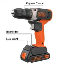 Black and Decker 20 volt 3/8 in. Cordless Compact Drill/Driver Kit 650 rpm 1