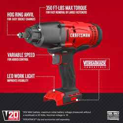 Craftsman 20V MAX 1/2 in. Square Cordless Impact Wrench 20 volt 2500 ipm 330 ft./lbs.