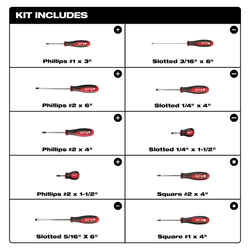 Milwaukee 10 pc Phillips/Slotted/Square Screwdriver and Bit Set 10 in.