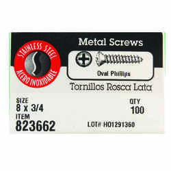 HILLMAN 3/4 in. L x 8 Phillips Oval Head Stainless Steel Sheet Metal Screws 100 per box