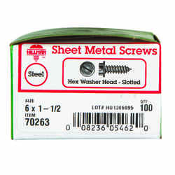 HILLMAN 6 x 1-1/2 in. L Zinc-Plated Steel Sheet Metal Screws Hex Washer 100 per box Slotted