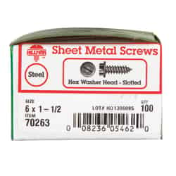 HILLMAN 6 x 1-1/2 in. L Zinc-Plated Steel Sheet Metal Screws Hex Washer 100 per box Slotted