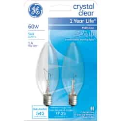 GE Lighting 60 watts B10 Incandescent Light Bulb 540 lumens White (Clear) 2 pk Blunt Tip