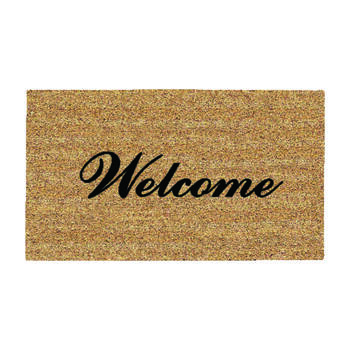 DeCoir Fancy Welcome Tan/Black Coir Nonslip Door Mat 16 in. L x 27 in. W