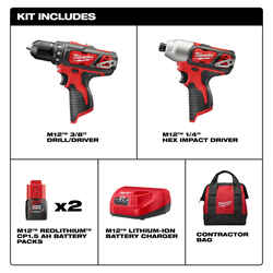 Milwaukee M12 12 V Cordless Brushed 2 Drill and Impact Driver Kit