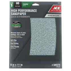 Ace 11 in. L X 9 in. W 80 Grit Aluminum Oxide Sandpaper 4 pk