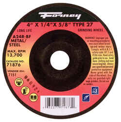 Forney 4 in. Dia. x 1/4 in. thick x 5/8 in. Aluminum Oxide Metal Grinding Wheel 13700 rpm 1 pc