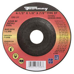 Forney 4-1/2 in. Dia. x 1/8 in. thick x 7/8 in. Aluminum Oxide Metal Grinding Wheel 13300 rpm