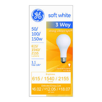 GE Lighting 50/100/150 watts A21 Incandescent Bulb 615/1,540/2,155 lumens Soft White A-Line 1 p