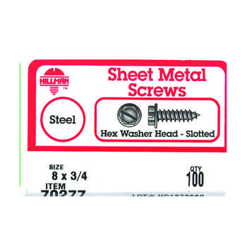 HILLMAN 3/4 in. L x 8 Slotted Zinc-Plated Hex Washer 100 per box Sheet Metal Screws Steel