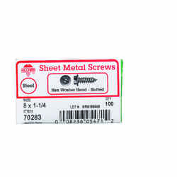 HILLMAN 8 x 1-1/4 in. L Zinc-Plated Slotted Sheet Metal Screws 100 per box Steel Hex Washer