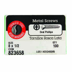 HILLMAN 8 x 1/2 in. L Oval Head Sheet Metal Screws 100 per box Stainless Steel Phillips