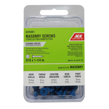 Ace 3/16 in. x 1-1/4 in. L Phillips Flat Head Ceramic Steel Masonry Screws 25 pk