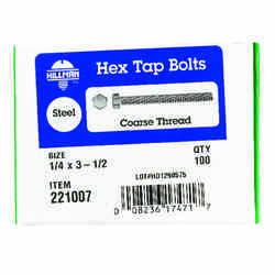 HILLMAN 1/4 in. Dia. x 3-1/2 in. L Zinc Plated Steel Hex Tap Bolt 100 box
