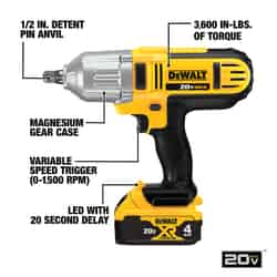 DeWalt 20V Max 1/2 in. Square Cordless Impact Wrench Kit 400 ft./lbs. 20 volts 2300 ipm