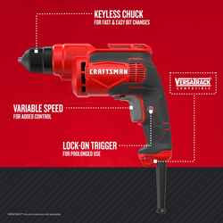 Craftsman 3/8 in. Keyless Corded Drill Driver 6.5 amps 2500 rpm Variable Speed 3.17 lb.