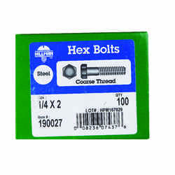 HILLMAN 1/4 in. Dia. x 2 in. L Zinc Plated Steel Hex Bolt 100 box
