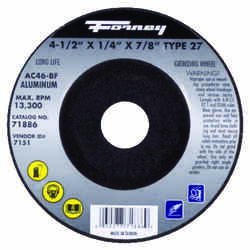 Forney 4-1/2 in. Dia. x 1/4 in. thick x 7/8 in. Aluminum Oxide Metal Grinding Wheel 13300 rpm