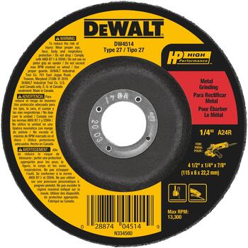 DeWalt High Performance 4-1/2 in. Dia. x 7/8 in. x 1/4 in. thick Metal Grinding Wheel 13300 rp