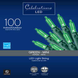 Celebrations Basic LED Mini Green 100 ct String Christmas Lights 24.75 ft.
