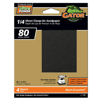 Gator PowerPlus 5-1/2 in. L X 4-1/2 in. W 80 Grit Zirconium Oxide 1/4 Sheet Sandpaper 4 pk