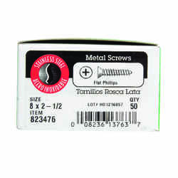 Hillman No. 8 x 2-1/2 in. L Phillips Flat Head Stainless Steel Sheet Metal Screws 50 1 pk