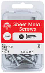 HILLMAN 10 x 1-1/2 in. L Pan Head Zinc-Plated Sheet Metal Screws Steel 50 per box Phillips