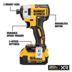 DeWalt XR 20 max volts 1/4 in. Cordless Hex Brushless Impact Driver Kit 3250 rpm 1825 ft./lbs.