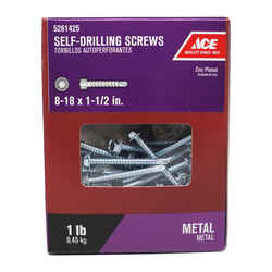 Ace 8-18 Sizes x 1-1/2 in. L Hex Hex Washer Head Zinc-Plated Steel 1 lb. Self- Drilling Screws