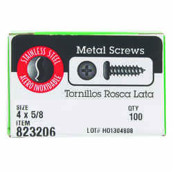 Hillman No. 4 x 5/8 in. L Phillips Pan Head Stainless Steel Sheet Metal Screws 100 1 pk