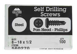 Hillman No. 8-18 x 1/2 in. L Phillips Pan Head Zinc-Plated Steel Self- Drilling Screws 100 1