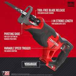 Craftsman 20V MAX 1 in. Cordless Reciprocating Saw 3000 spm 14.5 in. L Red