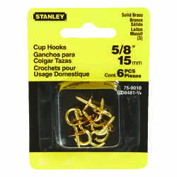 Stanley Large Solid Brass Hook 5 lb. 5/8 in. L 6 pk