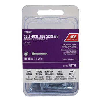 Ace 1-1/2 in. L x 10 Sizes Hex Zinc-Plated Self- Drilling Screws Hex Washer Head Steel