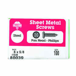 HILLMAN 8 in. x 5/8 in. L Phillips Zinc-Plated Sheet Metal Screws 100 per box Pan Head Steel