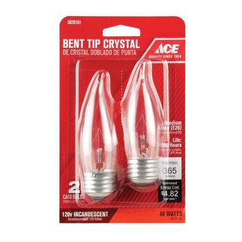 Ace 40 watts CA9 Bent Tip Incandescent Light Bulb Medium Base (E26) White (Clear) 2 pk