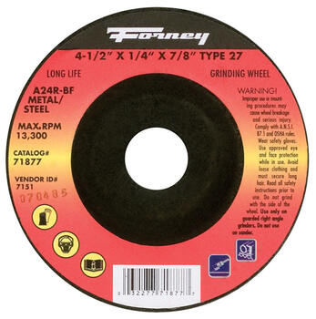 Forney 1/4 in. thick x 7/8 in. x 4-1/2 in. Dia. Aluminum Oxide Metal Grinding Wheel 13300 rpm